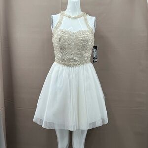 Cream and Gold Lace Top Mini Dress